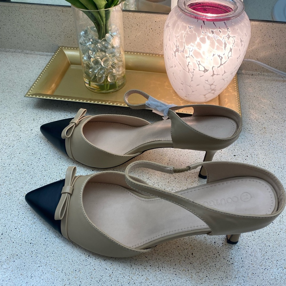 Elegant Beige and Black Slingback Heels